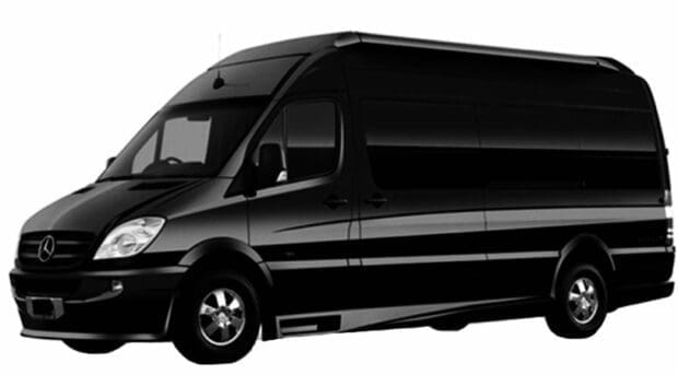 A sleek black Mercedes-Benz Sprinter passenger van designed for high-end chauffeur services and executive transportation.