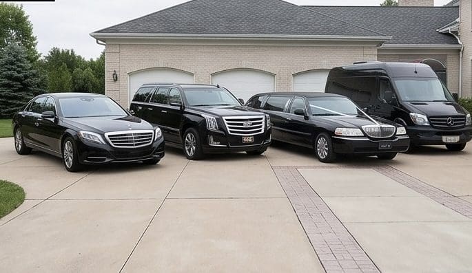 A diverse fleet of luxury black vehicles, including a Mercedes-Benz sedan, a Cadillac Escalade SUV, a Lincoln Town Car stretch limousine, and a Mercedes-Benz Sprinter van, parked in a residential driveway.
