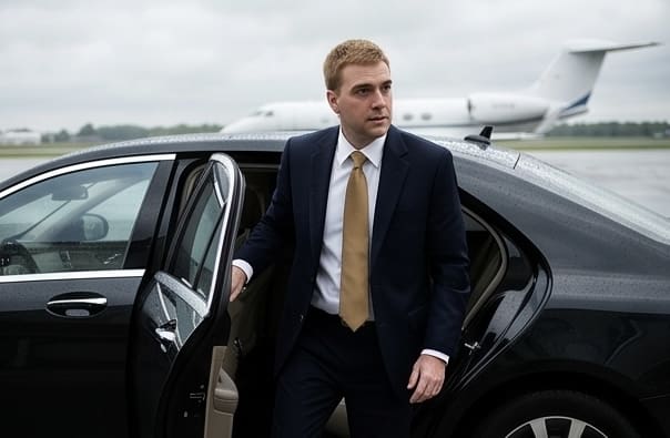 Corporate-black-car.png Business executive looking out the window of a Corporate Black Car Service during a premium airport luxury limousine ride in St. Louis