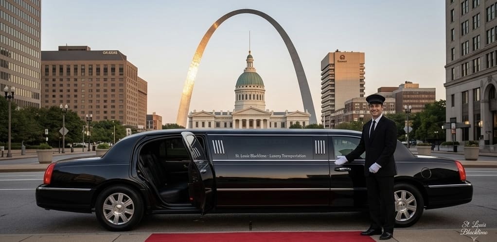 Professional St. Louis limo service chauffeur providing elite airport transportation for a corporate traveler