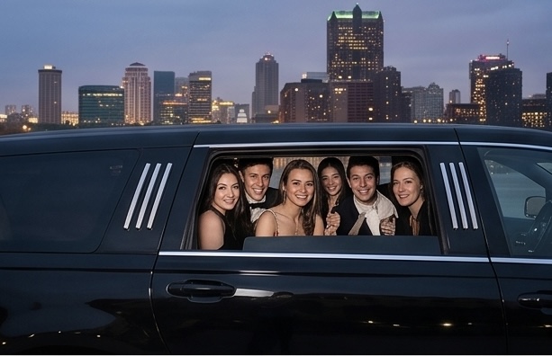 A group of six smiling teenagers in formal prom attire looking out of the window of a black luxury limousine with the St. Louis city skyline at night in the background.