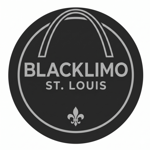St. Louis Black Limousine circular logo featuring a stylized Gateway Arch, a fleur-de-lis, and the company name in white text on a black background.