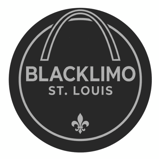 St. Louis Black Limousine circular logo featuring a stylized Gateway Arch, a fleur-de-lis, and the company name in white text on a black background.